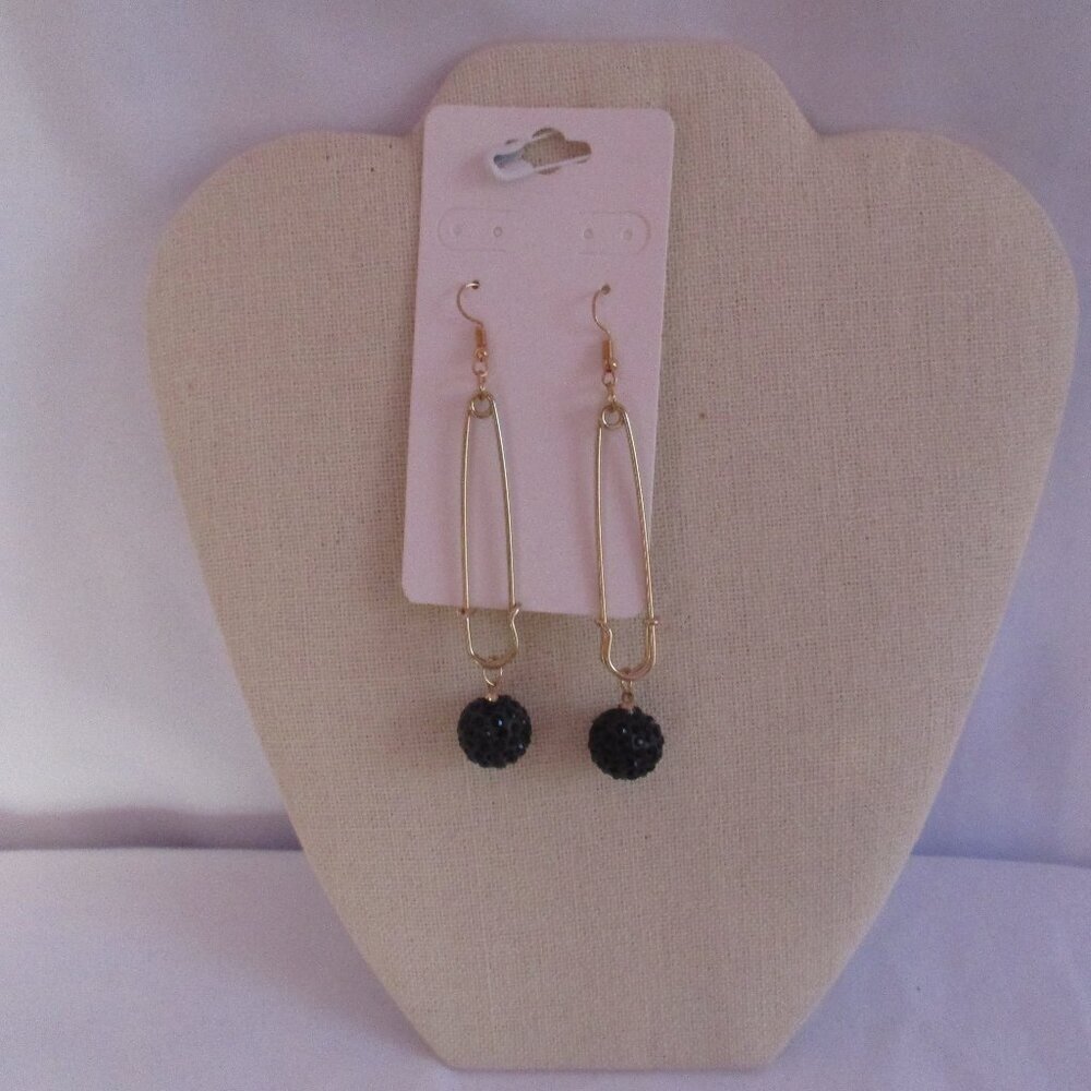 Pin Hook Earrings Black Pave Balls GOLDTONE Free Gift Box